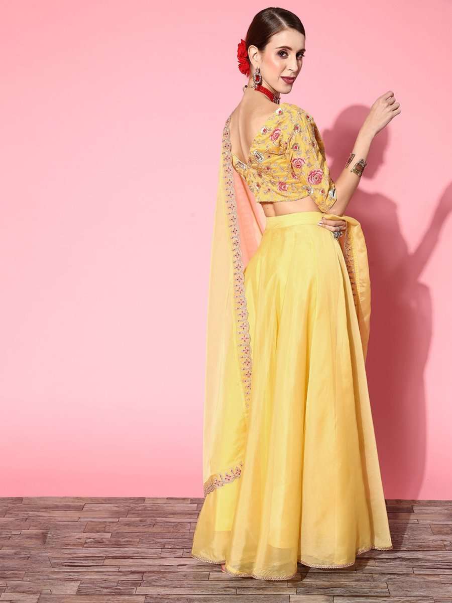 Yellow Embroidered Semi-stitched Lehenga Choli With Dupatta - Inddus.com