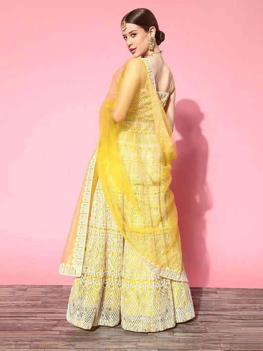 Yellow Embroidered Semi-stitched Lehenga Choli With Dupatta - Inddus.com