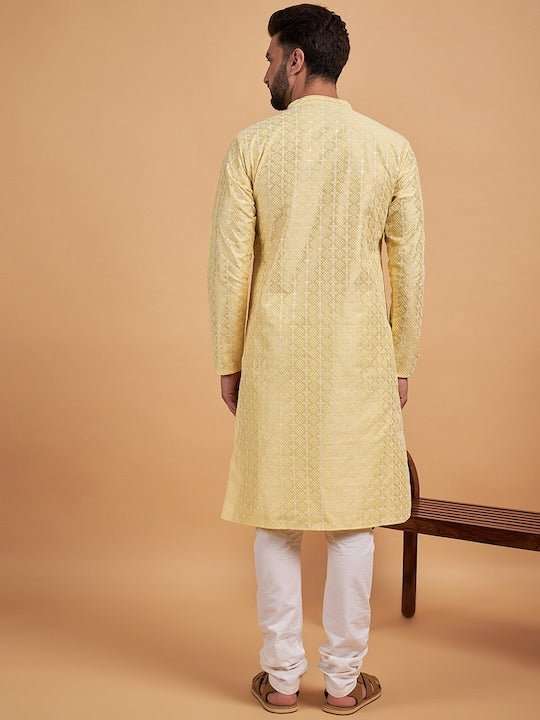 Yellow Ethnic Motif Embroidered Chikankari Straight Kurta - Inddus.com