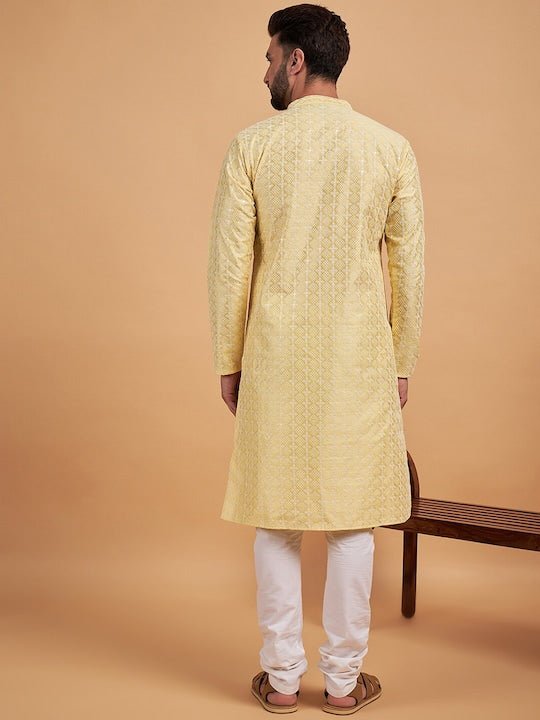 Yellow Ethnic Motif Embroidered Chikankari Straight Kurta - Inddus.com