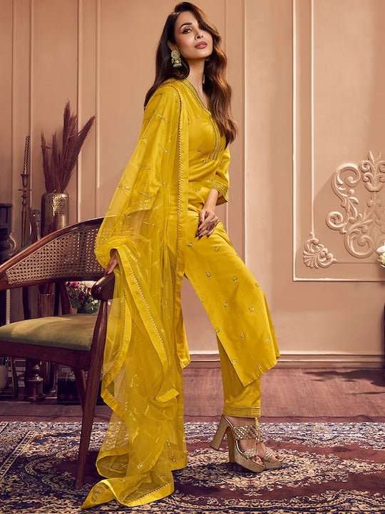 Yellow Floral Embroidered Sequined Pure Silk Kurta with Trousers & Dupatta - Inddus.com