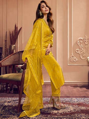 Yellow Floral Embroidered Sequined Pure Silk Kurta with Trousers & Dupatta - Inddus.com