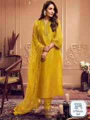 Yellow Floral Embroidered Sequined Pure Silk Kurta with Trousers & Dupatta - Inddus.com