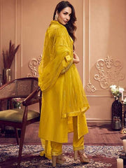 Yellow Floral Embroidered Sequined Pure Silk Kurta with Trousers & Dupatta - Inddus.com