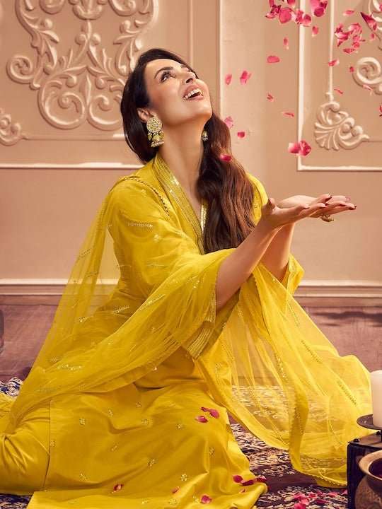 Yellow Floral Embroidered Sequined Pure Silk Kurta with Trousers & Dupatta - Inddus.com