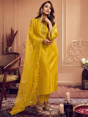 Yellow Floral Embroidered Sequined Pure Silk Kurta with Trousers & Dupatta - Inddus.com
