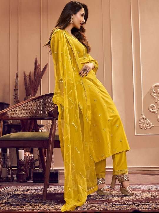 Yellow Floral Embroidered Sequined Pure Silk Kurta with Trousers & Dupatta - Inddus.com