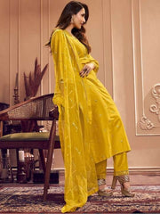 Yellow Floral Embroidered Sequined Pure Silk Kurta with Trousers & Dupatta - Inddus.com