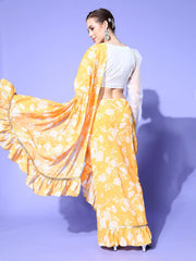 Yellow Floral Printed Georgette Saree with Blouse Piece - Inddus.com