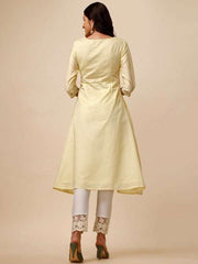 Yellow Floral Thread Work Pleated A-line Kurta - Inddus.com