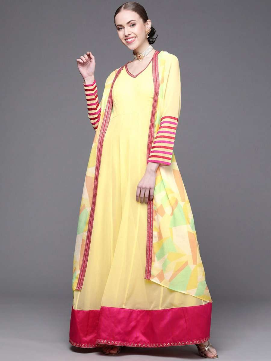 Yellow Georgette Embroidered Gown with Jacket - Inddus.com