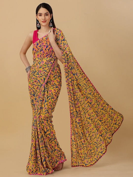 Yellow Kalamkari Printed Saree - Inddus.com