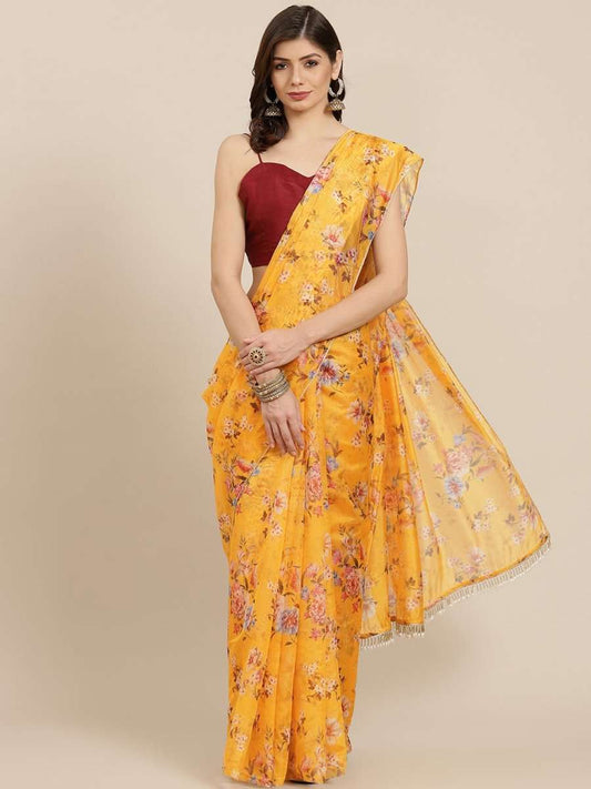 Yellow & Off White Floral Print Organza Saree - Inddus.com