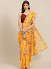 Yellow & Off White Floral Print Organza Saree - Inddus.com