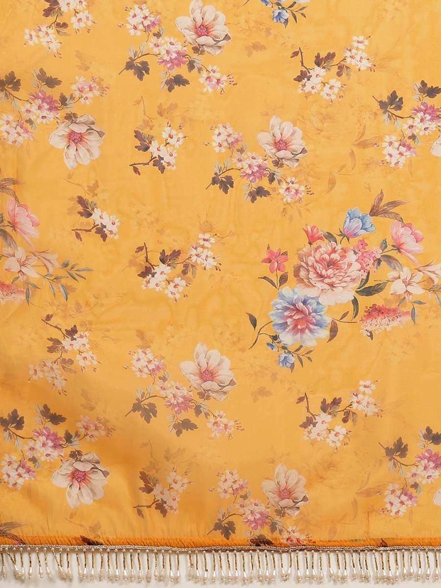 Yellow & Off White Floral Print Organza Saree - Inddus.com