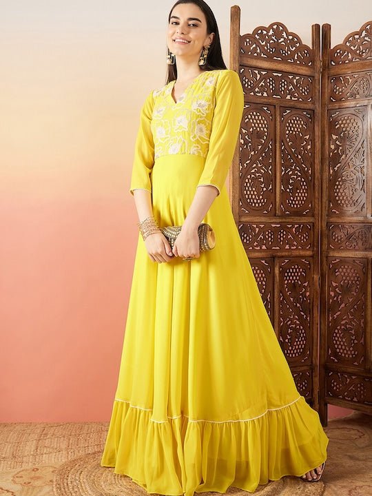 Yellow Sequence Embroidered Flared Maxi Ethnic Dresses - Inddus.com