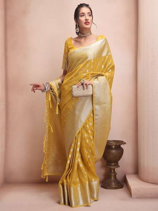 Yellow & Silver-Toned Woven Design Zari Tissue Kanjeevaram Saree - Inddus.com