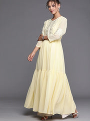 Yellow Yoke Embroidered Kurta with Dupatta - inddus-us