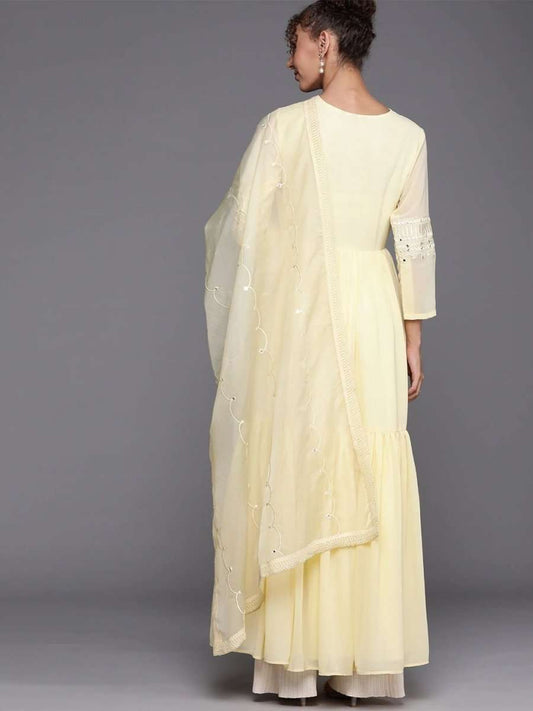 Yellow Yoke Embroidered Kurta with Dupatta - inddus-us