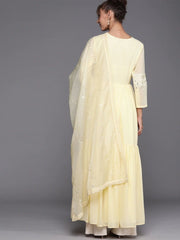 Yellow Yoke Embroidered Kurta with Dupatta - inddus-us