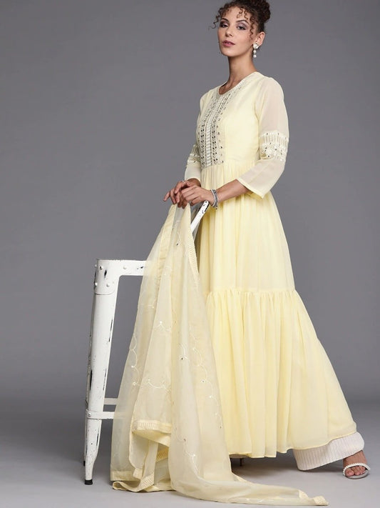 Yellow Yoke Embroidered Kurta with Dupatta - inddus-us