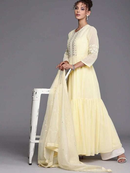 Yellow Yoke Embroidered Kurta with Dupatta - inddus-us