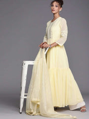 Yellow Yoke Embroidered Kurta with Dupatta - inddus-us