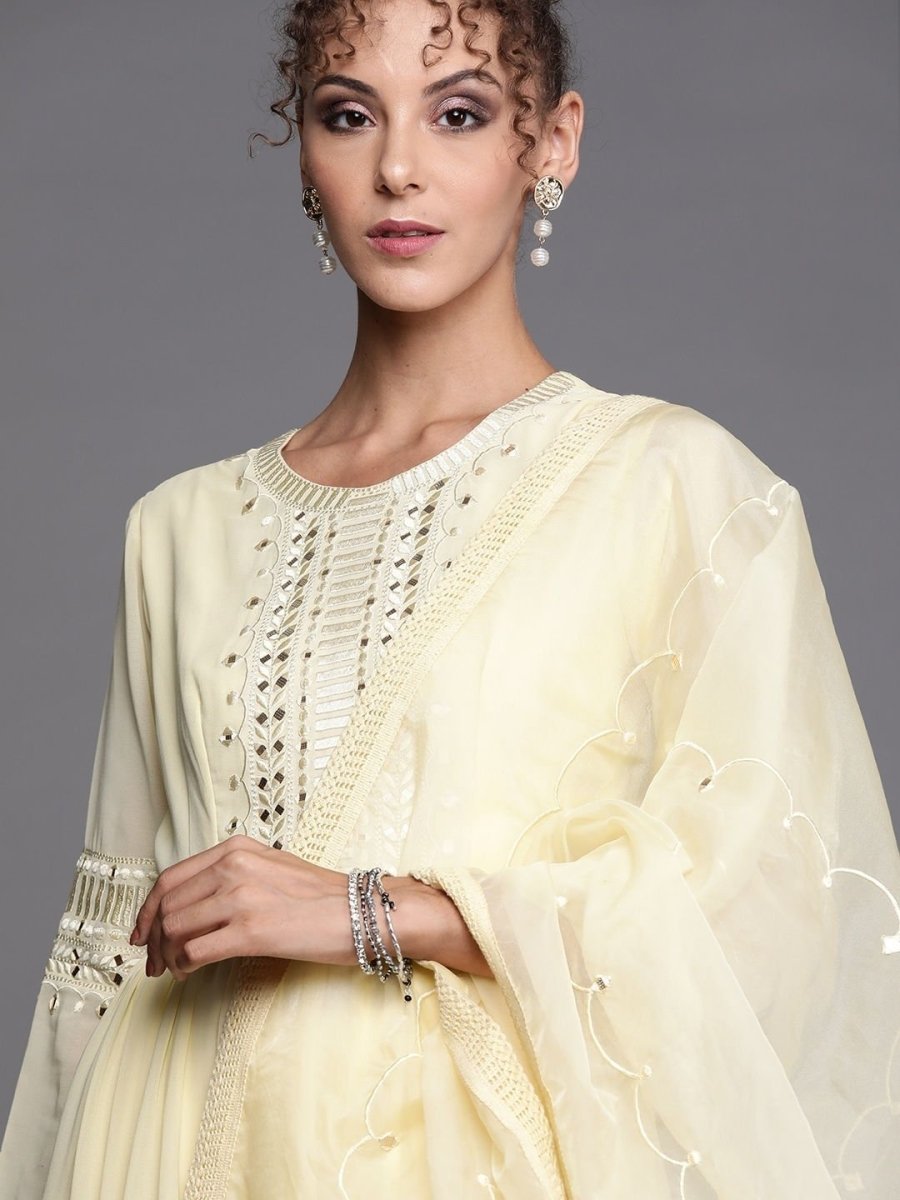 Yellow Yoke Embroidered Kurta with Dupatta - inddus-us