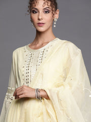 Yellow Yoke Embroidered Kurta with Dupatta - inddus-us