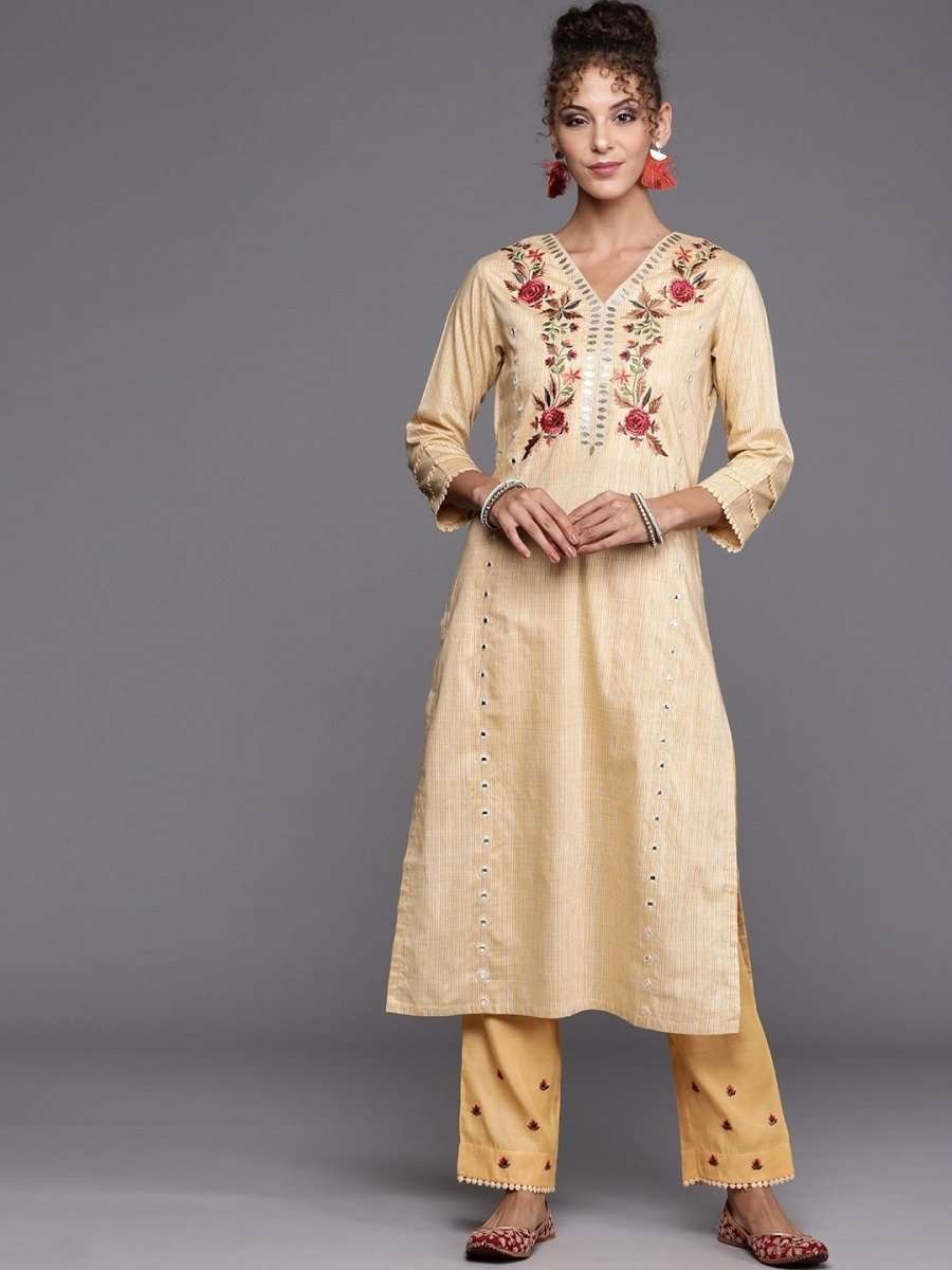 Yellow Yoke Embroidered Kurta with Embroidered Pants - inddus-us