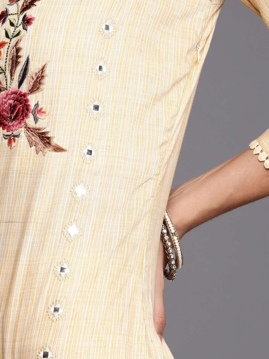 Yellow Yoke Embroidered Kurta with Embroidered Pants - inddus-us