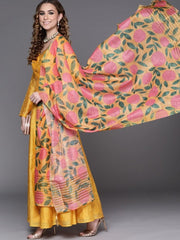 Yellow Yoke Embroidered Kurta with Printed Dupatta - Inddus.com