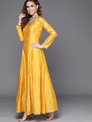 Yellow Yoke Embroidered Kurta with Printed Dupatta - Inddus.com
