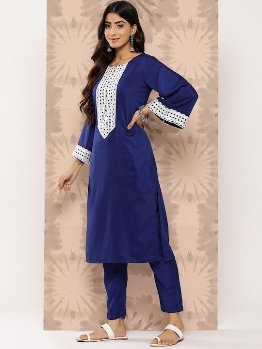Yoke Design Regular Thread Work Kurta with Trousers - Inddus.com