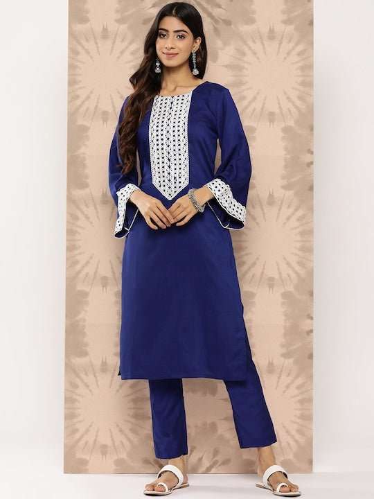 Yoke Design Regular Thread Work Kurta with Trousers - Inddus.com