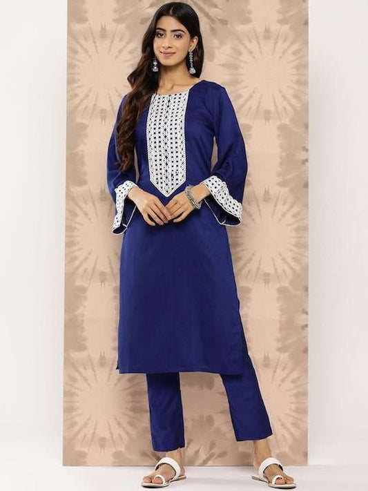 Yoke Design Regular Thread Work Kurta with Trousers - Inddus.com