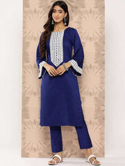 Yoke Design Regular Thread Work Kurta with Trousers - Inddus.com