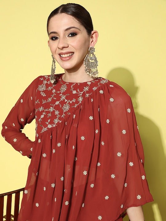 Zari Embroidered Georgette Top with Palazzos - Inddus.com
