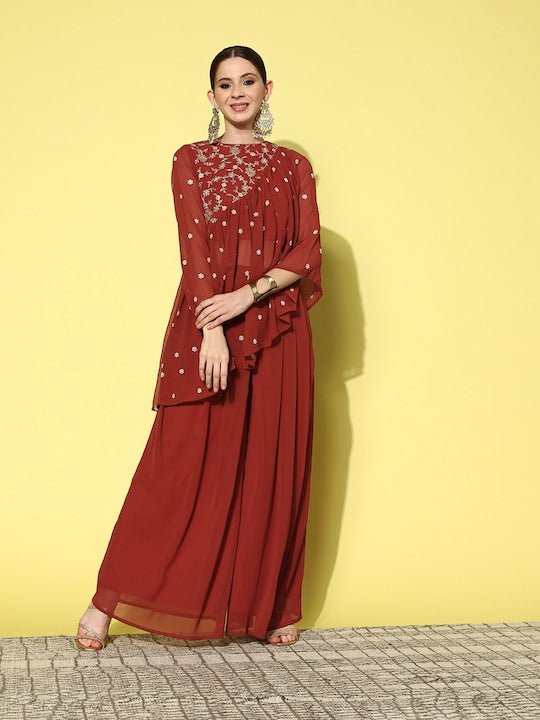Zari Embroidered Georgette Top with Palazzos - Inddus.com