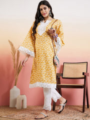 Mustard Floral Printed Thread Work Straight Kurta