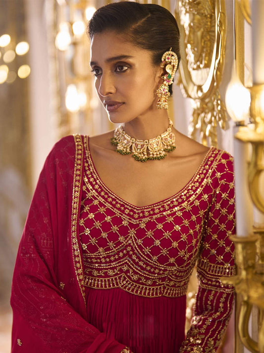Red Embroidered Anarkali Suit