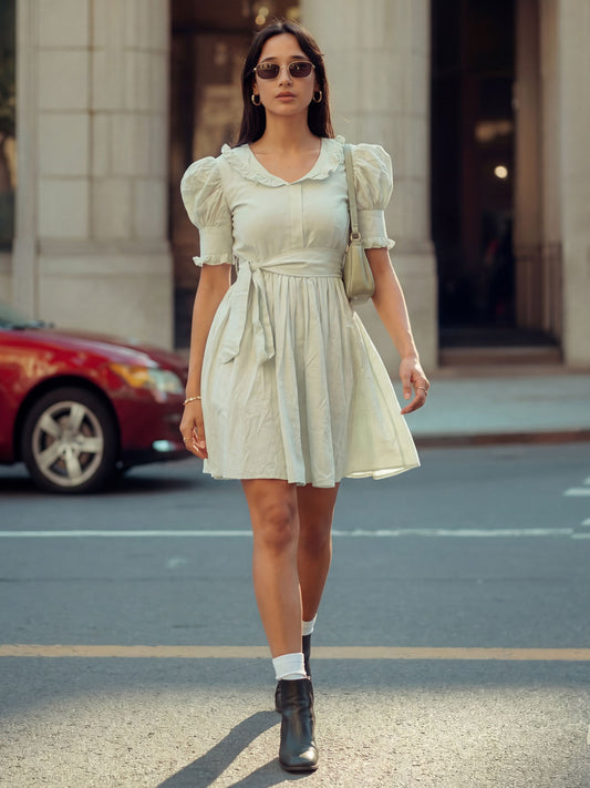 Green Cotton Ruffeled Sleeves Mini Indo Western Dress