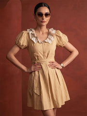 Mustard Linen Ruffeled Sleeves Mini Indo Western Dress