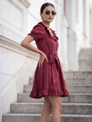 Dark Maroon Cotton Ruffeled Sleeves Mini Indo Western Dress