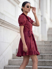 Dark Maroon Cotton Ruffeled Sleeves Mini Indo Western Dress