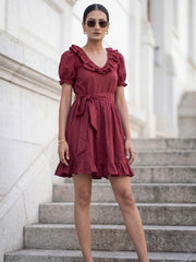 Dark Maroon Cotton Ruffeled Sleeves Mini Indo Western Dress