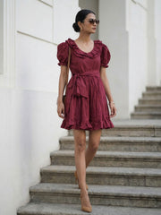 Dark Maroon Cotton Ruffeled Sleeves Mini Indo Western Dress