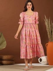 Pink Floral Printed Pure Cotton Fit & Flared Ethnic Dress