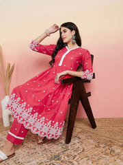 Pink & White Floral Embroidered Flared V-Neck Kurta & Palazzo