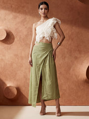White Ruffled One Shoulder Top with Green Cotton Skirt Dress